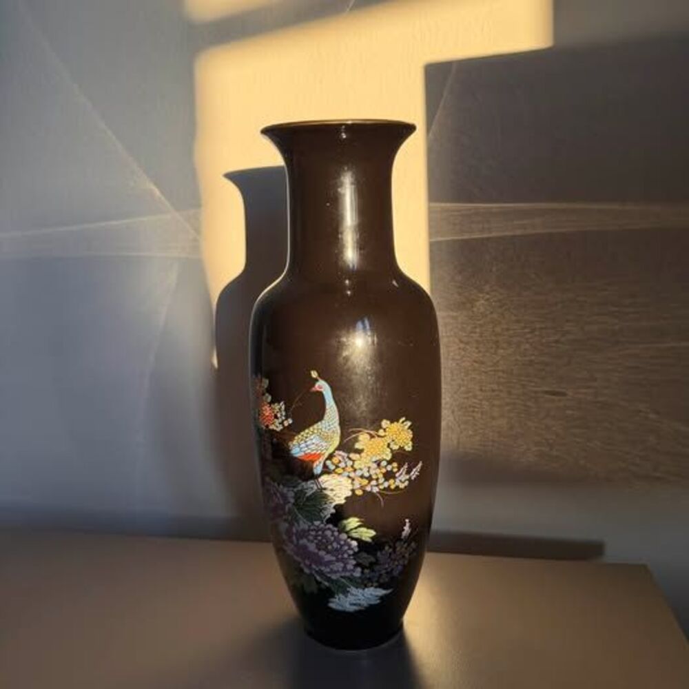 Japanese Black Porcelain Peacock Vase – Gilt Floral Motif (Made in Japan)